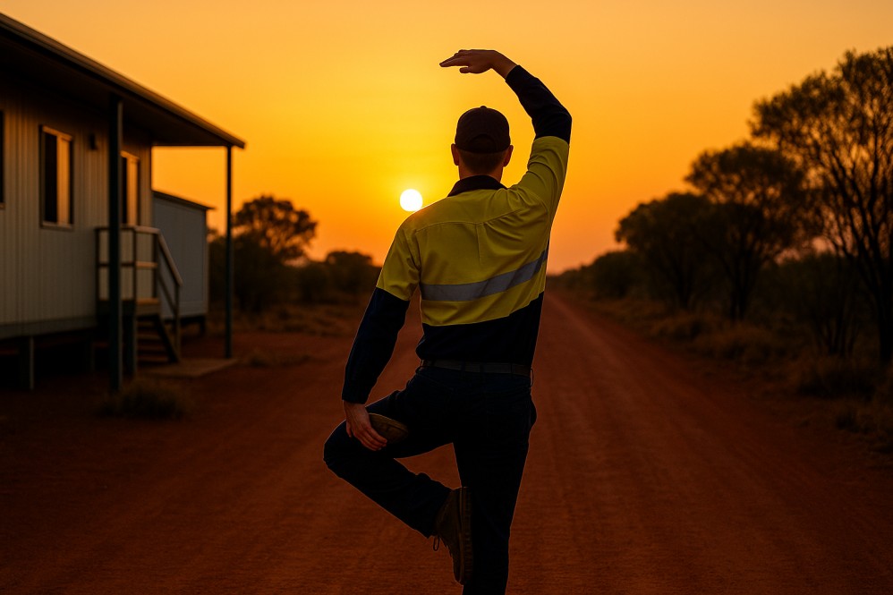 FIFO worker doing yoga at sunset on a red dirt road near worksite cabins