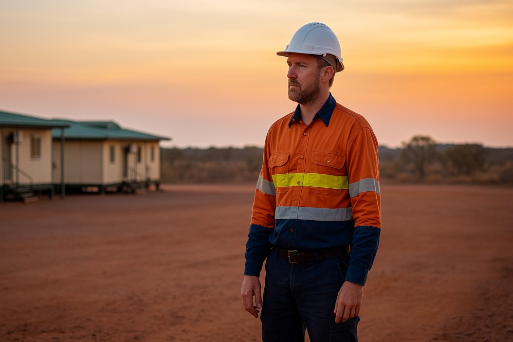 FIFO worker in hi-vis standing alone near worksite cabins at sunset, looking thoughtful
