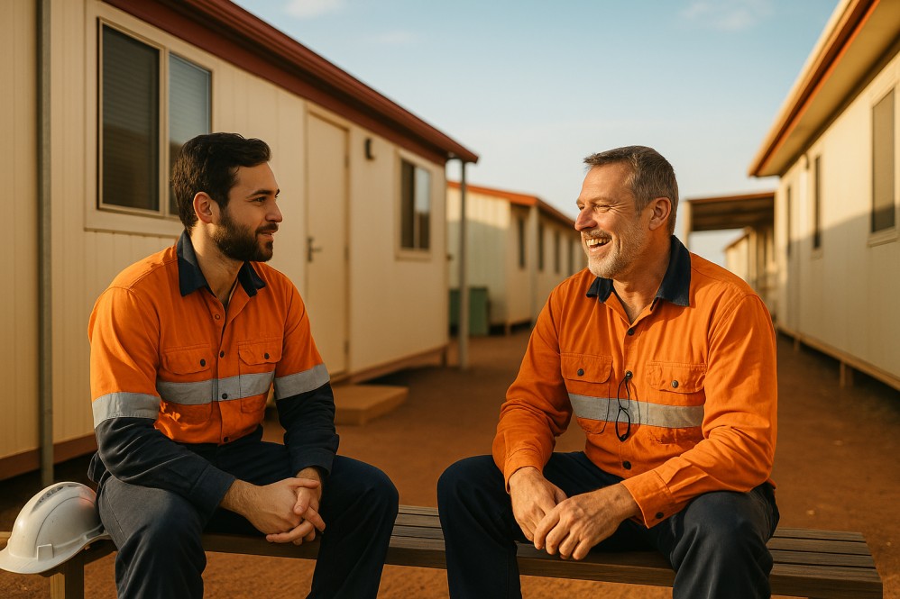 wo FIFO workers talking and laughing outside camp dongas, showing the power of mateship and FIFO mindset