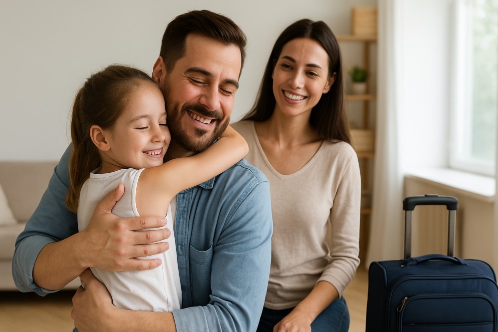 FIFO worker hugging daughter at home with suitcase nearby, showing balance of FIFO mindset and family life