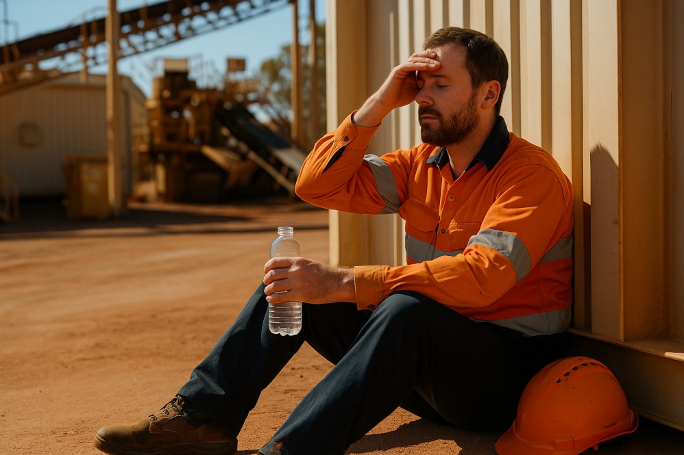 FIFO worker taking a break, drinking water and wiping sweat, showing healthy stress management and FIFO mindset