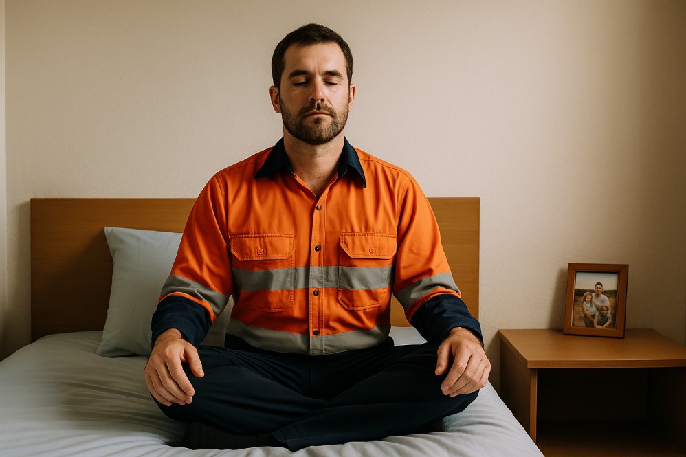 FIFO worker meditating on bed with eyes closed beside a family photo, staying grounded while away